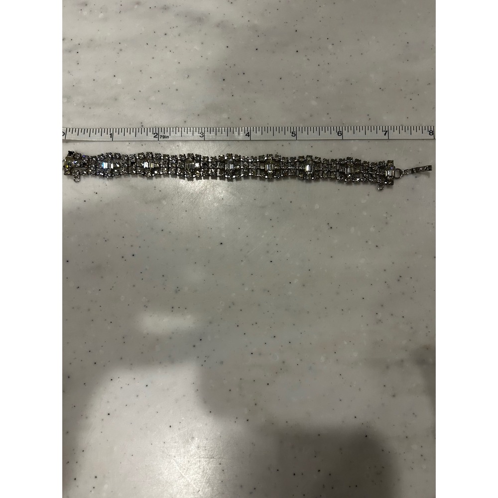 Vintage Rhinestone Bracelet Silver Tone Baguette Round Crystal Art Deco 7.5 Inch